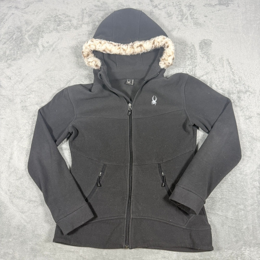 Spyder Ladies L Y2K Fleece Jacket Black Faux Fur Hood Full Zip